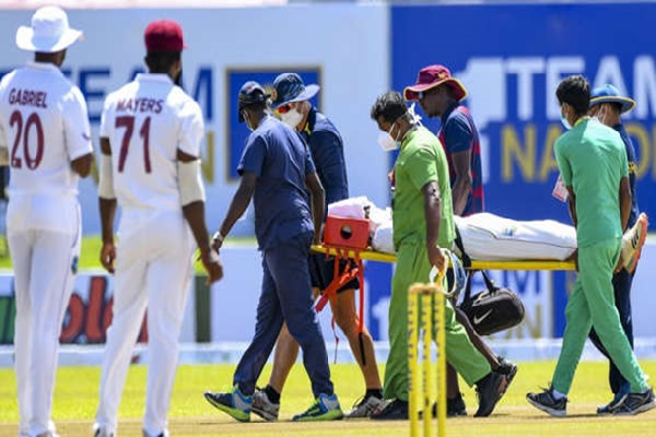 Debutant Jeremy Solozano is taken to hospital after sustaining a head injury during Sri Lanka's 2021 match against West Indies