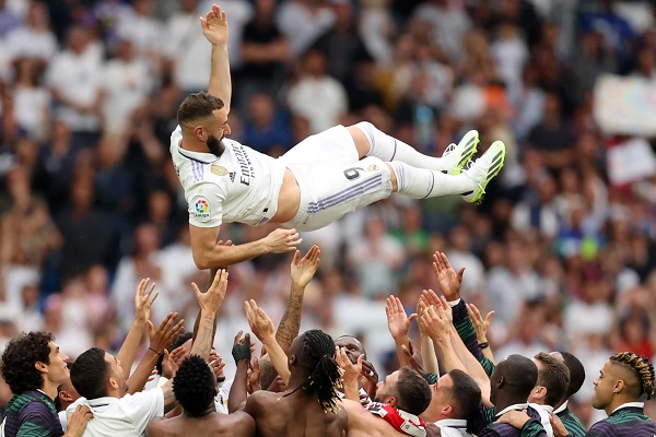 Karim Benzema scores in his final match for Real Madrid.